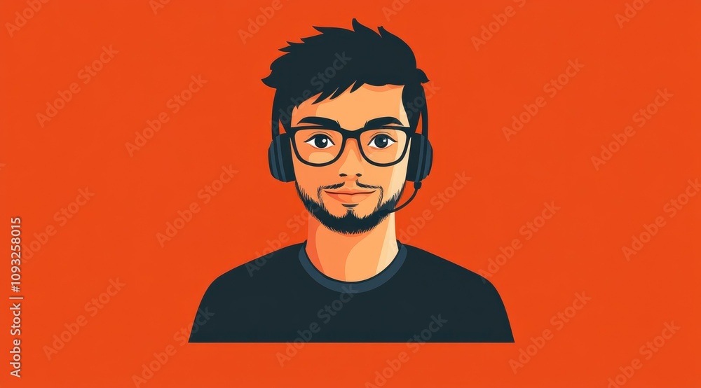 A digital illustration of a young man with glasses and a headset against an orange background. A digital illustration of a young man with glasses and a headset against an orange background.