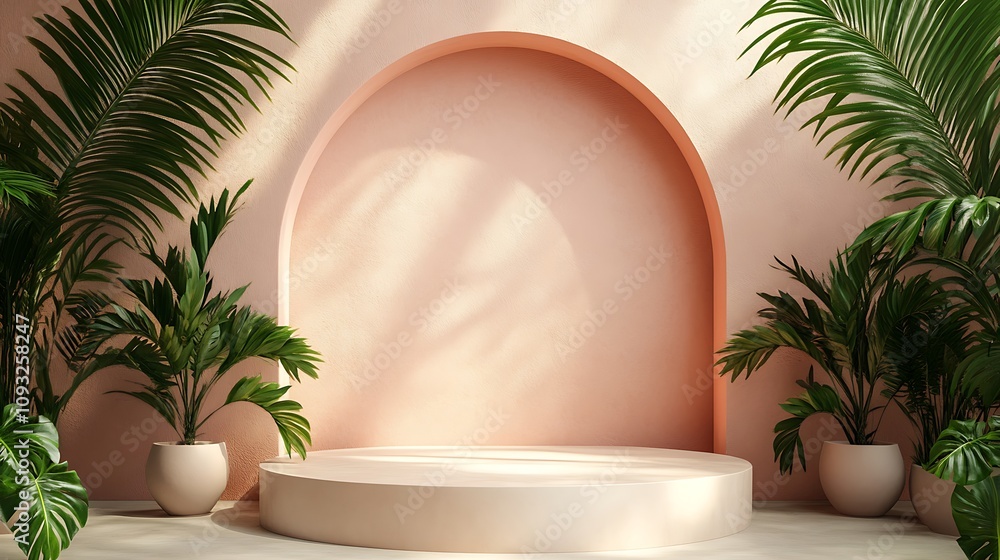 Minimalist indoor space with plants and a circular backdrop. Minimalist indoor space with plants and a circular backdrop.