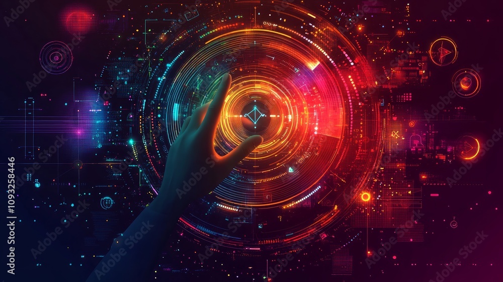 Hand interacting with a futuristic holographic interface. Hand interacting with a futuristic holographic interface.
