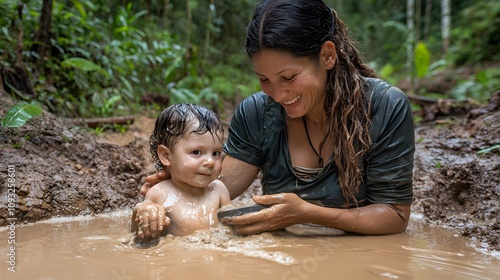 A mother washing her child in a dirty water source. 