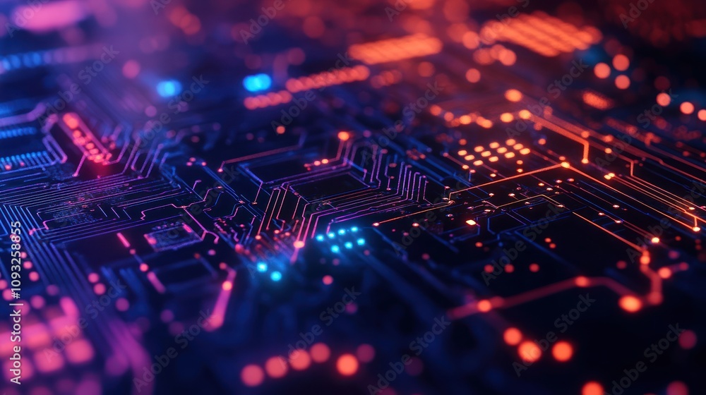 A close-up view of a colorful circuit board with glowing components and intricate patterns. A close-up view of a colorful circuit board with glowing components and intricate patterns.