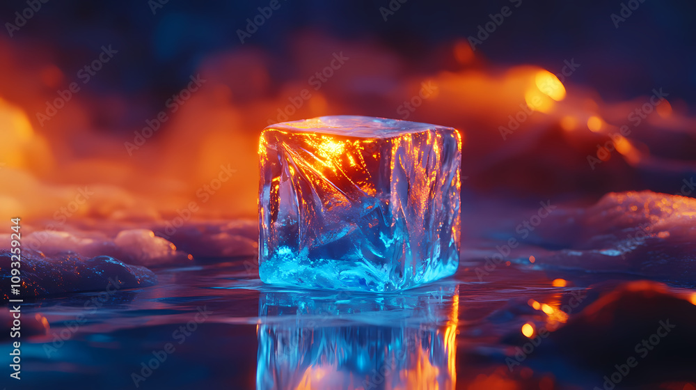 A single ice cube illuminated with a cool blue light, casting an ethereal glow on the reflective surface beneath it. Ethereal Ice Crystals. Illustration A single ice cube illuminated with a cool blue light, casting an ethereal glow on the reflective surface beneath it. Ethereal Ice Crystals. Illustration
