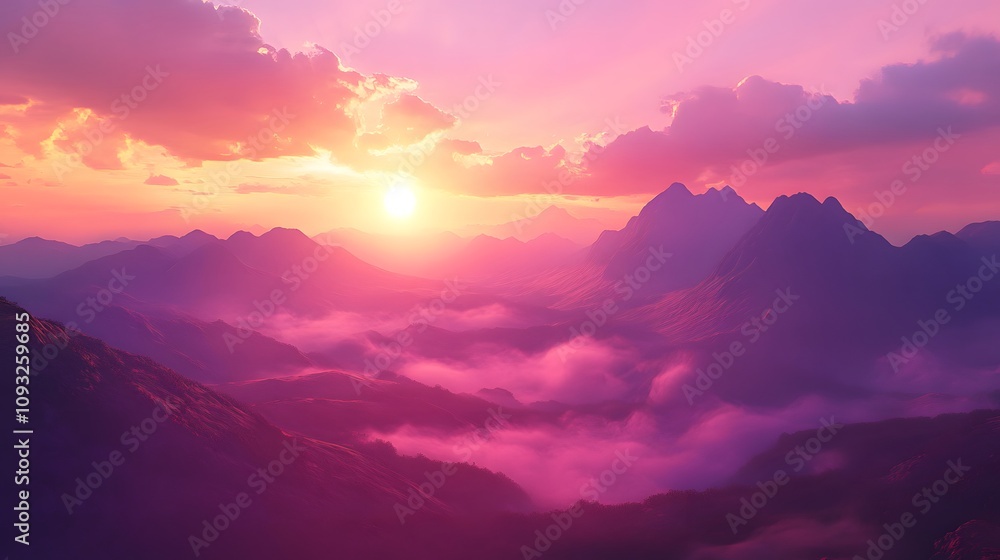 Serene Sunrise Over Majestic Mountains with Colorful Clouds and Soft Mist Blanketing the Valley at Dawn Serene Sunrise Over Majestic Mountains with Colorful Clouds and Soft Mist Blanketing the Valley at Dawn