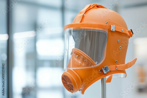 Cancer Toxins concept, An orange protective mask designed for safety, featuring a clear visor and a front filter, used for various industrial or hazardous environments. photo