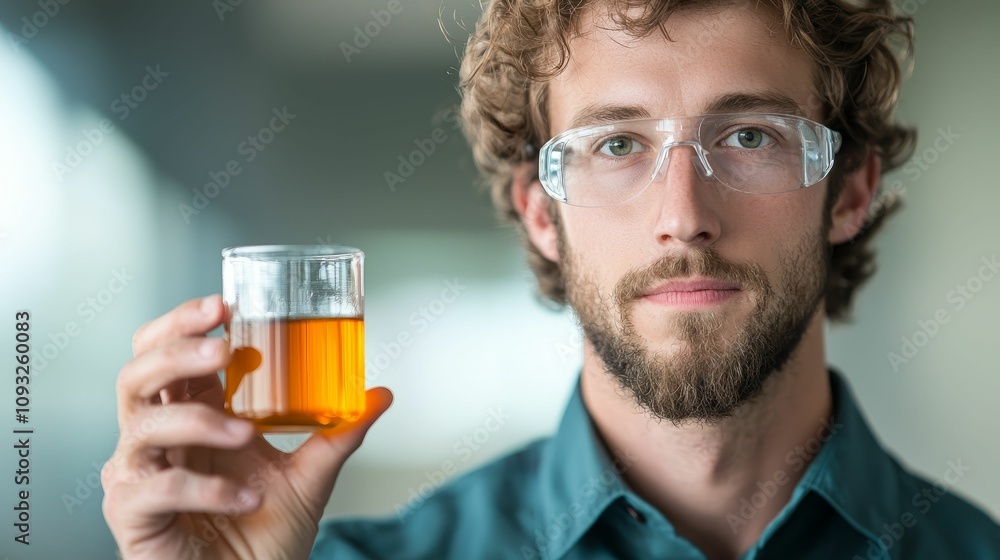Cancer Toxins concept, A focused individual holds a glass of amber liquid, wearing safety goggles, suggesting a laboratory or scientific context. Cancer Toxins concept, A focused individual holds a glass of amber liquid, wearing safety goggles, suggesting a laboratory or scientific context.