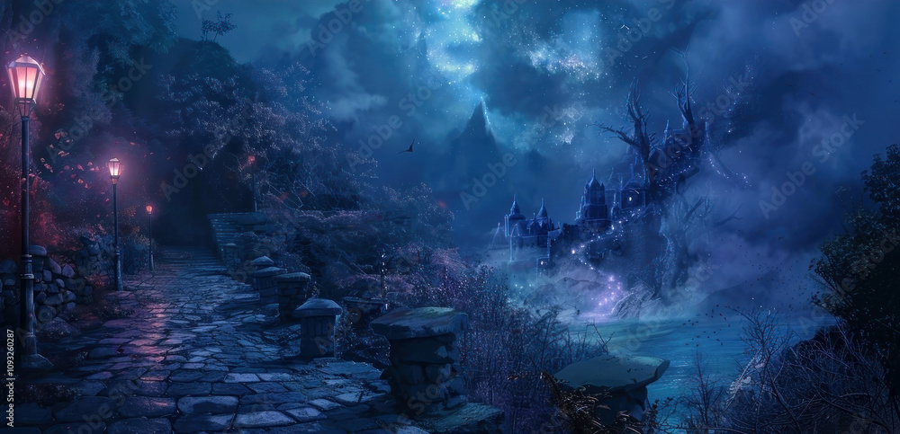 Step into a dreamy, moonlit fantasy where ancient castles and mystical paths come alive under a starlit sky Step into a dreamy, moonlit fantasy where ancient castles and mystical paths come alive under a starlit sky