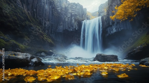 Majestic Waterfall Surrounded by Rocky Cliffs and Autumn Leaves, Creating a Serene Landscape with Cascading Water and Vibrant Blossoms