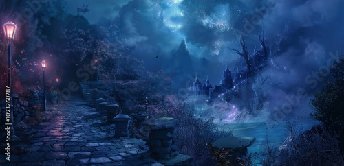 Step into a dreamy, moonlit fantasy where ancient castles and mystical paths come alive under a starlit sky