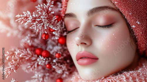 Beautiful woman, cosmetology, beauty, festive makeup, Merry Christmas and Happy New Year, banner with copy space