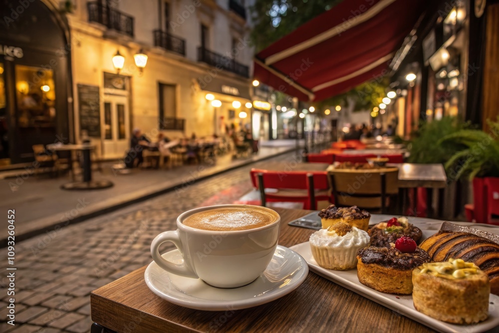 Cozy Street Cafe with Macro Photography of Coffee and Pastries Cozy Street Cafe with Macro Photography of Coffee and Pastries