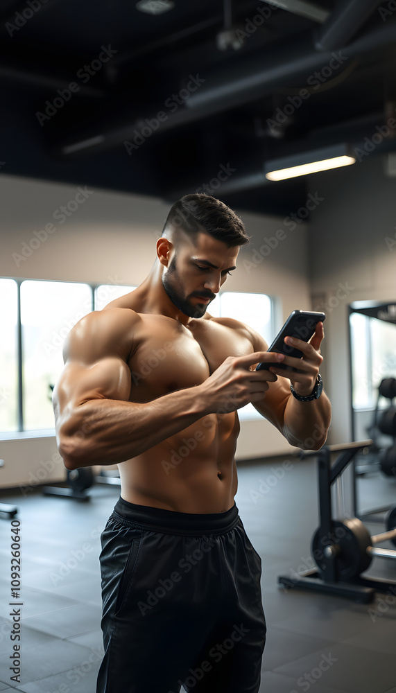 Muscular man using cellphone at gym, free space isolated with white highlights, png Muscular man using cellphone at gym, free space isolated with white highlights, png