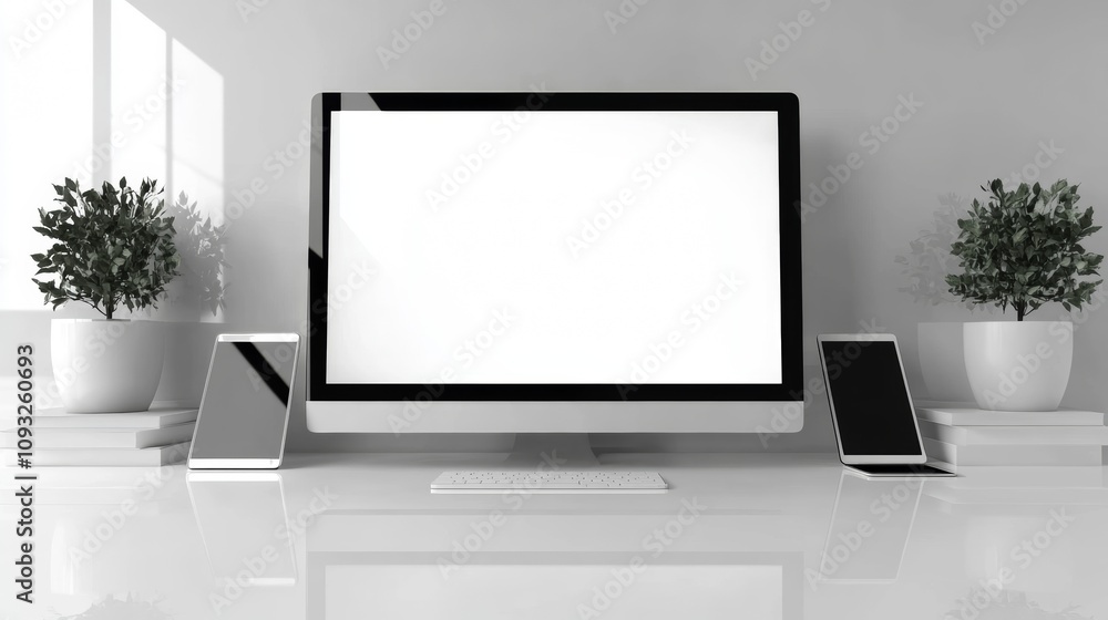 Fototapeta premium Sleek workspace setup with a desktop computer, tablets, and potted plants. Modern minimalist aesthetic in grayscale.