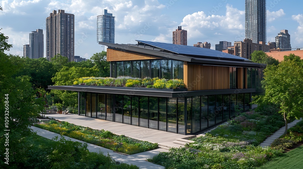 Modern building with green roof and surrounding gardens in urban setting. Modern building with green roof and surrounding gardens in urban setting.