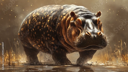 A majestic hippopotamus standing gracefully in a misty landscape, showcasing its formidable presence and strength. photo