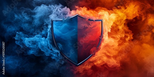 A vibrant shield logo emerges from colorful smoke, contrasting blue and orange hues, symbolizing protection and duality. photo