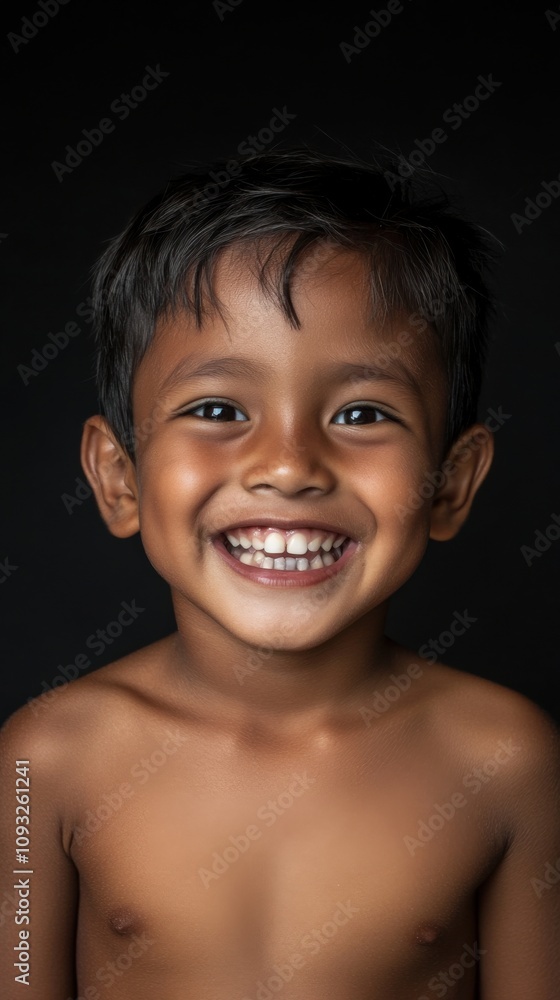 Joyful Child Portrait with Bright Smile Against Dark Background, Radiating Happiness and Innocence, Perfect for Themes of Childhood and Emotions Joyful Child Portrait with Bright Smile Against Dark Background, Radiating Happiness and Innocence, Perfect for Themes of Childhood and Emotions