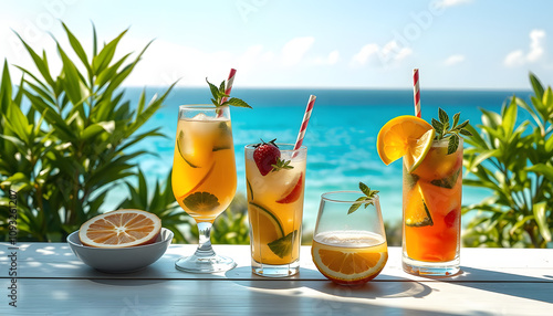 Fresh drinks with view to the sea isolated with white highlights, png