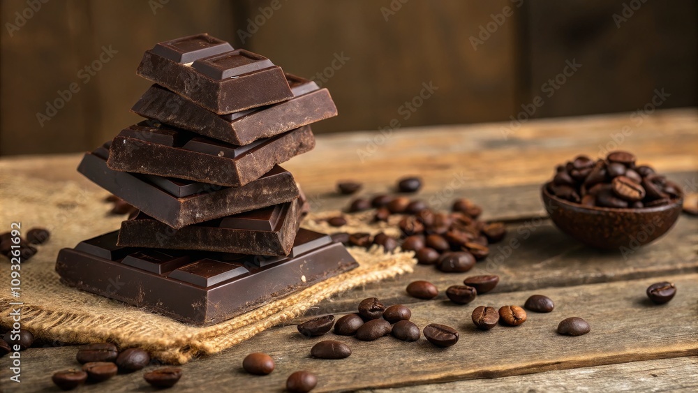 Indulgent Chocolate Chunks and Coffee Beans on Rustic Wood Background for Gourmet Food Photography Indulgent Chocolate Chunks and Coffee Beans on Rustic Wood Background for Gourmet Food Photography