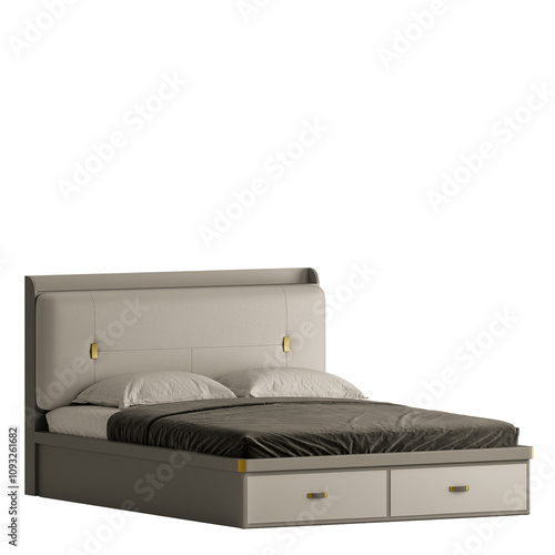 A bed with a black comforter and white pillows