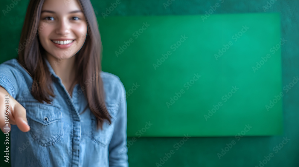 una mujer desenfocada sobre un fondo verde vacio con espacio de copia la mujer señala o indica algo o algun producto una mujer desenfocada sobre un fondo verde vacio con espacio de copia la mujer señala o indica algo o algun producto