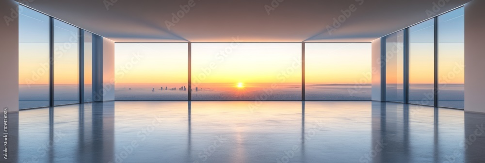 Fototapeta premium Stunning sunset view from a modern, minimalist room with floor-to-ceiling windows. The warm colors of the sky are reflected on the polished floor.