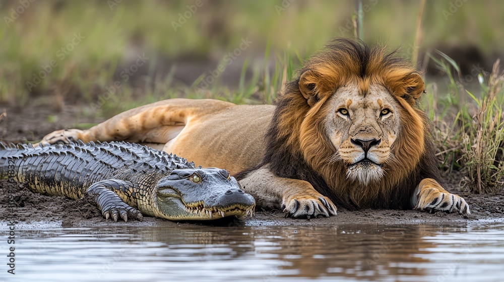 A majestic lion rests beside a crocodile near a serene water body, showcasing the beauty of wildlife coexistence. A majestic lion rests beside a crocodile near a serene water body, showcasing the beauty of wildlife coexistence.