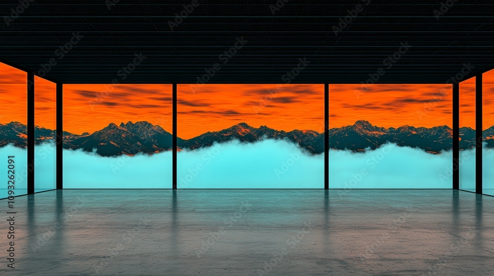 Fototapeta premium Breathtaking sunset view of majestic mountains from a minimalist room with floor-to-ceiling windows. The vibrant orange sky contrasts beautifully with the tranquil blue fog.