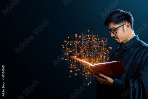 A fantasy-inspired depiction of analytics as glowing runes and magical symbols floating in the air, being studied by a wizard in a digital cloak photo