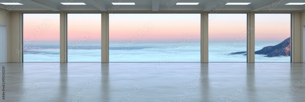 Fototapeta premium Serene sunrise view from a minimalist, spacious room. Floor-to-ceiling windows offer breathtaking pastel-hued clouds and distant mountains.