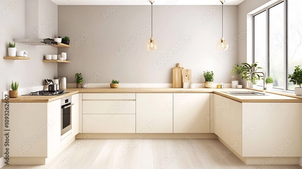 Elegant Cream and Brown Kitchen with Bright Natural Lighting and Wooden Accents Elegant Cream and Brown Kitchen with Bright Natural Lighting and Wooden Accents