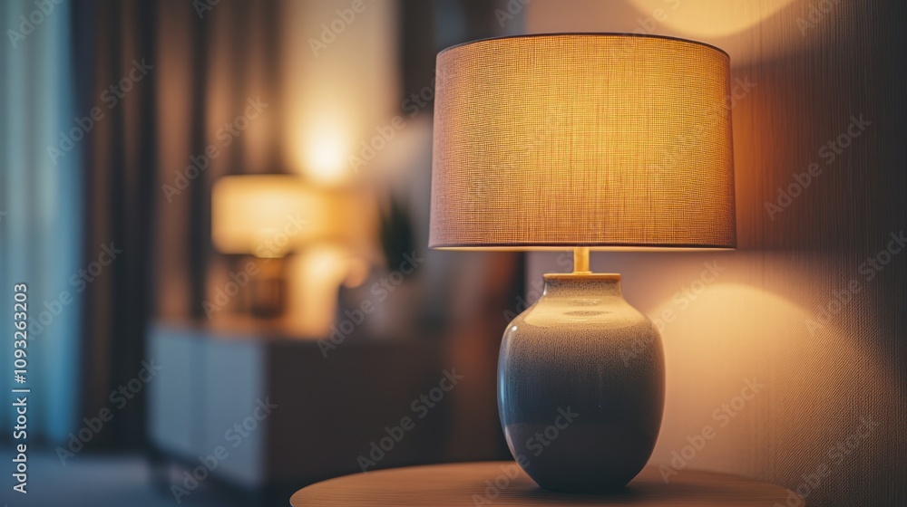 A lit lamp with a ceramic base on a wooden table A lit lamp with a ceramic base on a wooden table
