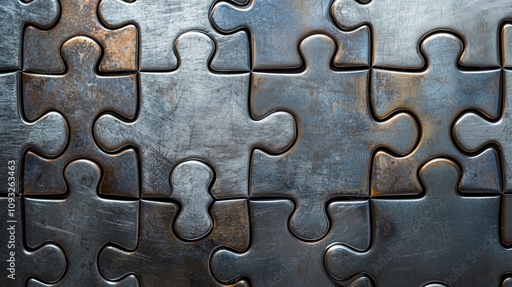 Intricate Arrangement of Metallic Puzzle Pieces Highlighting Texture and Reflective Surfaces in a Unique and Artistic Composition