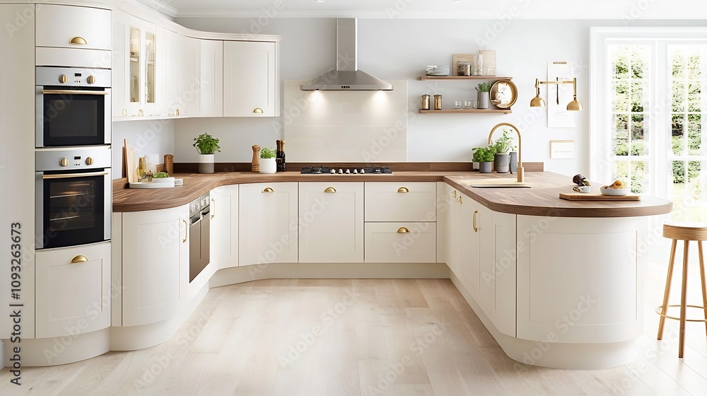 Cream and Brown Toned Cozy Kitchen with Smooth Wood Textures and Warm Golden Accents Cream and Brown Toned Cozy Kitchen with Smooth Wood Textures and Warm Golden Accents