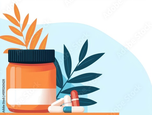 Overthecounter health supplements in baskets, marketstyle pharmacy, flat design illustration photo