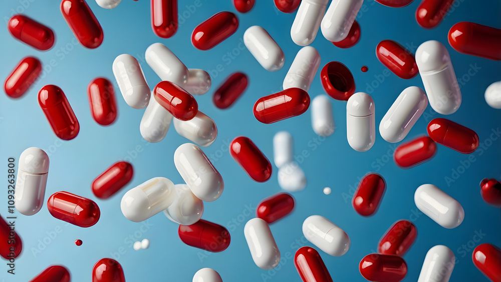 A bunch of pills are flying through the air, some of them are red and white. Concept of chaos and disorder, as the pills are scattered in all directions A bunch of pills are flying through the air, some of them are red and white. Concept of chaos and disorder, as the pills are scattered in all directions
