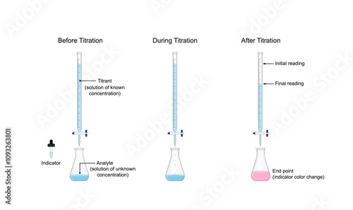 Titration procedure. Titrant in a burette and analyte in a conical flask. End point, indicator color change. Scientific experiment in the laboratory. Scientific vector illustration.