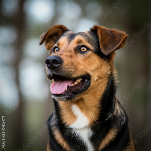 Loyal dog with brown and black fur in forest setting