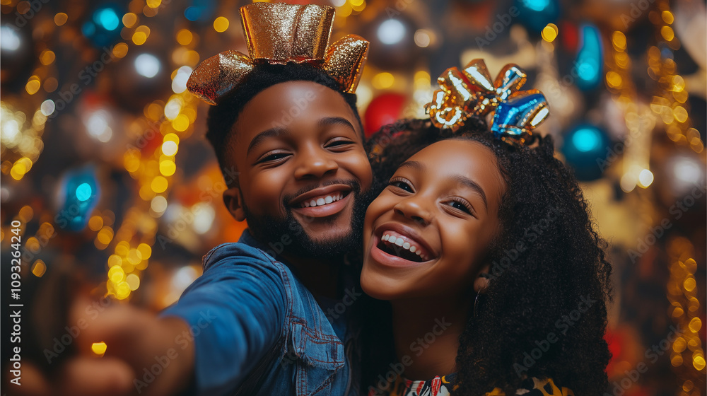 Parents and kids laughing while taking a selfie with New Year’s props and a colorful photo booth backdrop Parents and kids laughing while taking a selfie with New Year’s props and a colorful photo booth backdrop