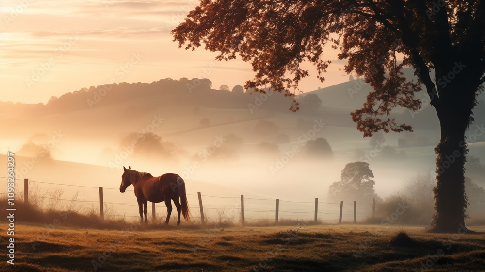 a horse grazing in a field at dawn empty space on the right side Ambient Light,generative ai illustration a horse grazing in a field at dawn empty space on the right side Ambient Light,generative ai illustration