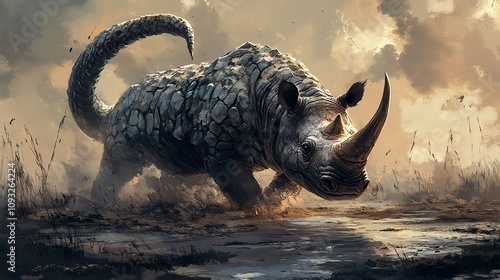 A majestic rhinoceros with a unique stone-like texture explores a dramatic, misty landscape. photo