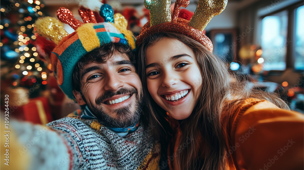 Parents and kids laughing while taking a selfie with New Year’s props and a colorful photo booth backdrop Parents and kids laughing while taking a selfie with New Year’s props and a colorful photo booth backdrop