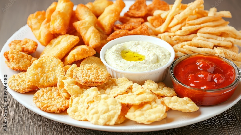 Assorted crispy snacks, dips, and sauces on a plate. Assorted crispy snacks, dips, and sauces on a plate.