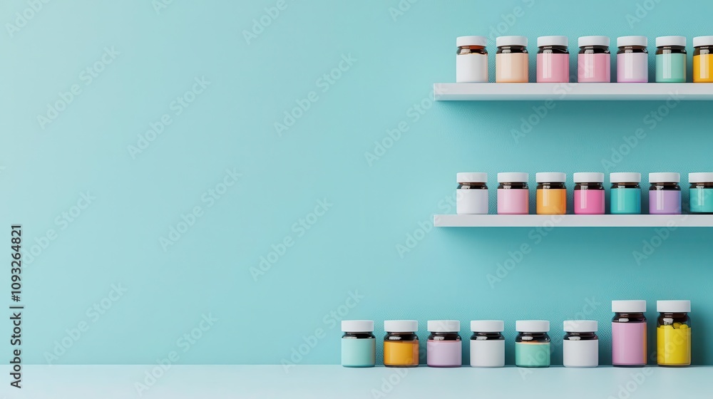 Organized pill boxes on pharmacy shelves, clean layout, flat design illustration Organized pill boxes on pharmacy shelves, clean layout, flat design illustration