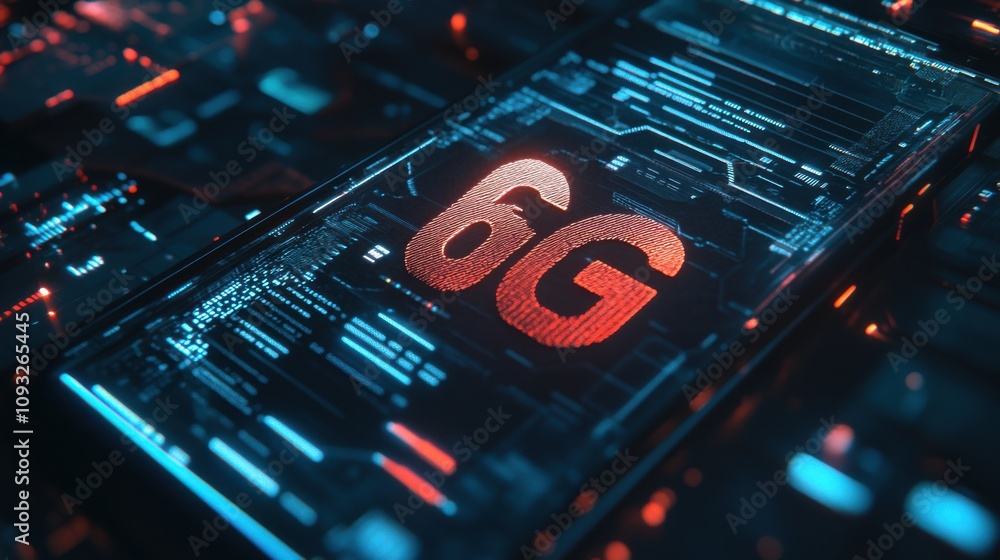 Futuristic Mobile Technology Concept Showcasing 6G Network Connectivity with Dynamic Abstract Visual Elements and Digital Interface Background Futuristic Mobile Technology Concept Showcasing 6G Network Connectivity with Dynamic Abstract Visual Elements and Digital Interface Background