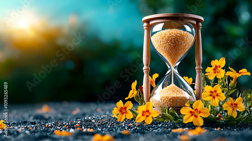 An hourglass sits among vibrant yellow flowers, symbolizing the passage of time in a serene, natural setting.