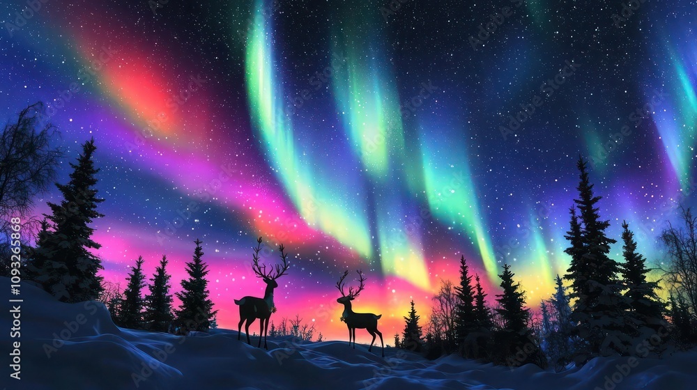 Naklejka premium Dreamy Christmas banner with Northern Lights stretching across the night sky, casting colorful reflections over silhouetted reindeer and snow-covered trees.