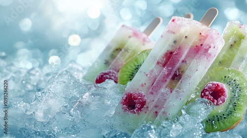 Refreshing Summer Scene Featuring Assorted Fruit Popsicles on Ice with a Bright Background, Perfect for Seasonal Promotions and Culinary Designs