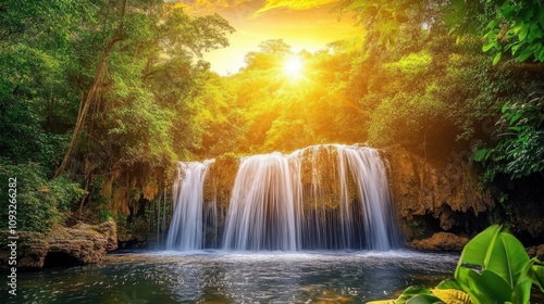 Serene Waterfall Cascading Through Lush Greenery Underneath a Golden Sunset Illuminating the Tranquil Forest Landscape