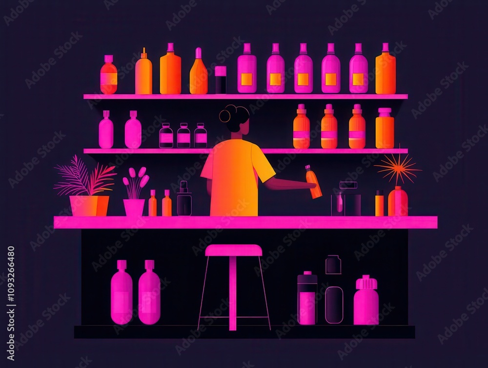 Pharmacist organizing overthecounter shelves, tidy workspace, flat design illustration Pharmacist organizing overthecounter shelves, tidy workspace, flat design illustration
