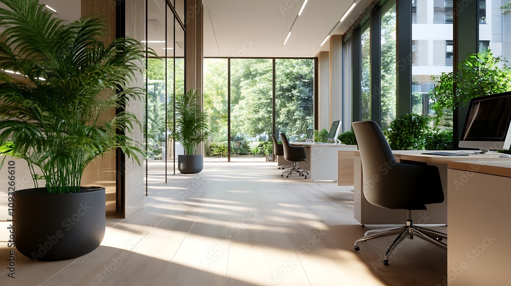 Modern office interior with plants and natural light. Modern office interior with plants and natural light.